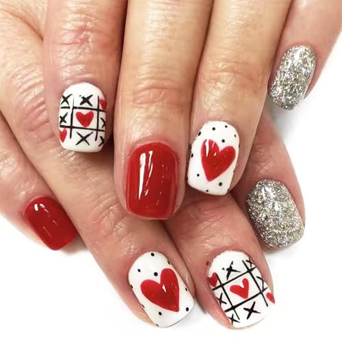 24 Pcs Heart Press on Nails Short Square Valentine's Day Fake Wit...