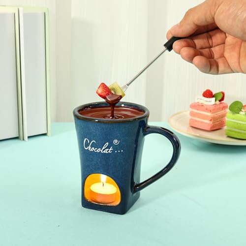 2 Pcs Chocolate Fondue Mug Set with 2 Fork Chocolate Melting Cup Ceramic Butterwarmer Pot Set Tea Light Heated Fondue Warming Mug for Dipping Sweet Snack Caramel Party (Blue)