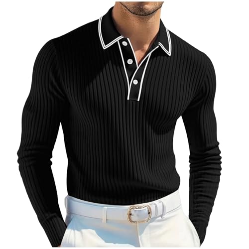 Xiaojmake Men's Knit Polo Sweater Casual Long Sleeve Textured Polo Sweater Lightweight Button Down Striped Knit Golf Sweater Black