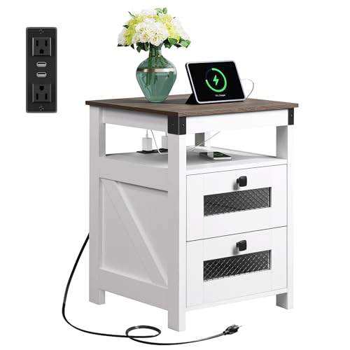 Image of WLIVE Nightstand with Charging Station, Farmhouse End Table, Bed Side Table with 2 Storage Drawers and Open Shelf, Wood Rustic Nightstands for Bedroom, White