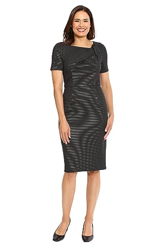 London Times Women's Dresses Sheath Dress with Draping and Bow and Twist Detail at Neck Black/White