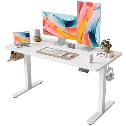 TIQLAB Electric Standing Desk, Adjustable Height Stand up Desk, 55 * 24 Inches Sit Stand Home Office Table with Splice Board, White