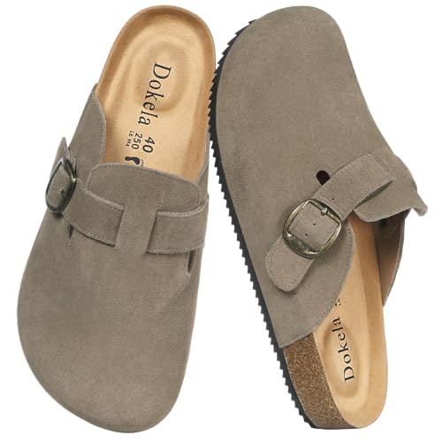 Dokela Clogs Pantoletten Herren Damen Leder Hausschuhe Kork-Fußbett Mules Bequeme Latschen Classic Geschlossene Schlappen Dunkelbraun 42 EU