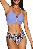 bikini oberteil 75 aa Design: Zweiteiliger Bikini Set mit schmalen Zierriemen zwischen den wattierten Cups, Mit überkreuzten Trägern im Rücken, Blättermuster, Modische Bikinihose im trendigen Druck.