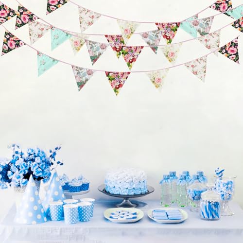 Image of Zwiebeco 32Ft Big Floral Fabric Pennant Banner Bunting Cotton Flowers Triangle Flags Garland Decorations for Birthday Wedding Engagement Baby Shower Tea Party Spring Rustic Village Home Garden Decor