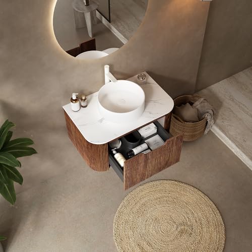 Image of KEIKI 30 inch Bathroom Vanity Cabinet with Sink Combo, Wall Mounted Curved Edges Striped Floating Bathroom Vanity with Soft-Close Drawer, White Round Ceramic Basin Without Faucet, Dark Walnut