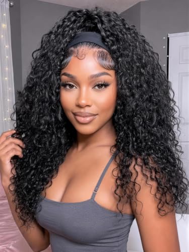Image of KLAIYI Human Hair Water Wave Curly Non Lace Front Wigs for Black Women, Deep Wave Glueless Wear and Go Half Wig, 30S Ready to Go Wig with Band, Beginner Friendly, 20Inch