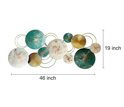 Image of URBAN INSPIRATIONS LARGE METAL WALL ART - PREMIUM HANDCRAFTED ANTIQUE GOLD & TURQUOISE GREEN CIRCLE DESIGN | MODERN HOME WALL DECOR FOR LIVING ROOM, BEDROOM, OFFICE, HALL, HOTELS & CAFES | IRON DECORATIVE PIECE 46X19 INCH