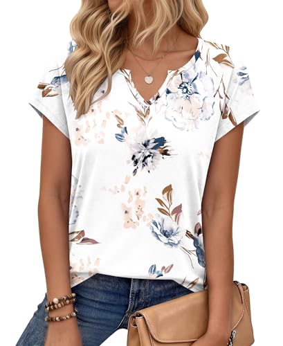 PLOKNRD T-Shirt Été Manches Courtes Col V Hauts pour Femmes Décontractés Tee Shirts Classique Lâche Top de Sport Fleurs Blanches XL