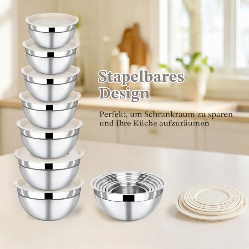 BEWOS 16-Stück Rührschüssel Set mit Deckel - Edelstahl-Rührschüssel, Nistend Design & Spülmaschinenfest, inkl. Reiben, Größen 0,7/1,1/1… – Ansicht 5