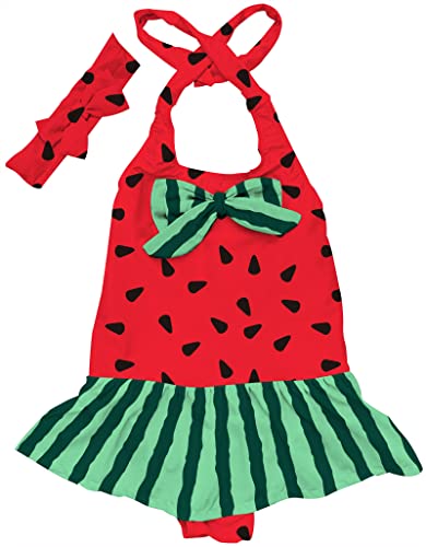 RAISEVERN Baby Mädchen Einteiliger Badeanzug Strand Badeanzug Rüschen Meerjungfrau Bademode mit Stirnband 1-5T, B4-Wassermelone, 2 Jahre Cover