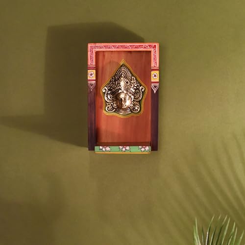 Image of AAKRITI ART CREATIONS Deva Wall Decor Orange Frame with Brass Sculpture of Vishnu Dev | Dhokra Art, Matte Finish | Wooden & Dhokra Wall Shelf Decor for Home