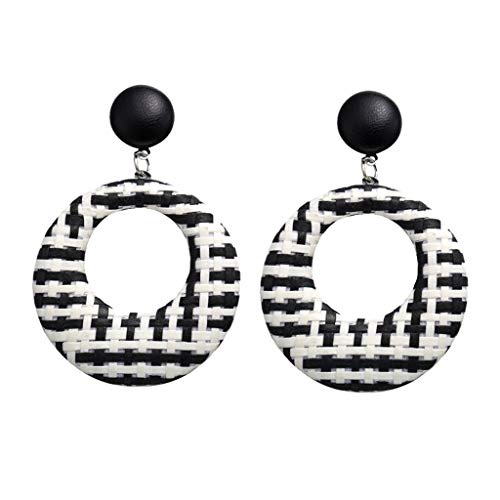 Yowablo Bohemian Style Wooden Rattan Geometric Round Earrings Women's Jewellery Men's Hoop Earrings Stainless Steel, black, One Size