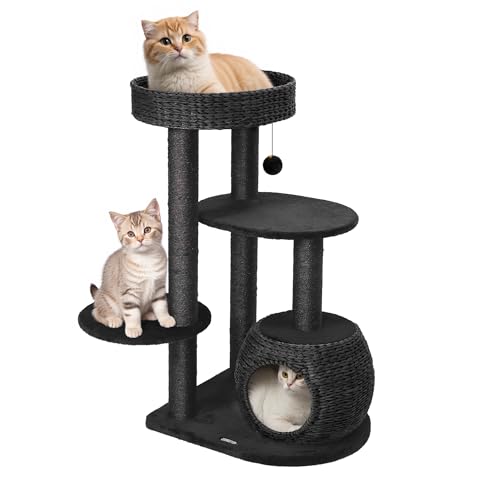 Image of KAMABOKO Modern Cat Tree, 39 inch Tall Cat Trees for Indoor Cats, Cat Condo Natural Sisal with Scratching Posts, Hand-Woven Tower & Top Perch, Cat-Tree for Kittens Climb Play & Rest Black