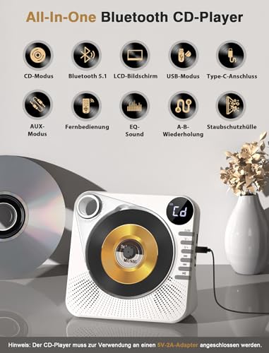 Greadio CD Player Tragbar mit Bluetooth 5.1, Kinder CD Spieler mit Lautsprecher, Fernbedienung, HiFi-Sound, Staubschutz, AUX/USB-Wiedergabe, Tragbarer cd Player für Zuhause (Weiß)