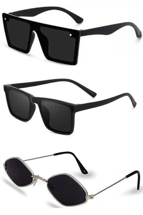 Unisex combo offer pack of 3 shades Unisex Fashion Sunglasses Set, 3 Pairs, Metal Frame, Black and Silver - Combo3-389-image-3