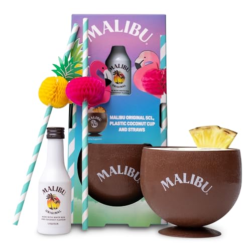 Malibu Rum Gift Set - Original White 5cl, Coconut Cup & 2x Fun Cocktail Straws - Cocktail Rum Gifts for Men, Women - Alcohol Gift Set for Birthday, Christmas, Stocking & Secret Santa Gifts