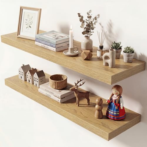 Image of Dreamland 36 Inches Floating Shelves for Wall, 9.3 inch Deep Long Floating Shelves Set of 2, Large Display & Storage Shelf, Wall Shelf for Bathroom Bedroom Living Room Kitchen Office, Oak