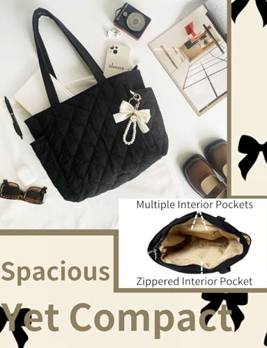 Colloge Tote Bags Laptop Bag Quilted Tote Bag For Women Teacher With Cute Bow Zipper Medium Size for Work Travel3