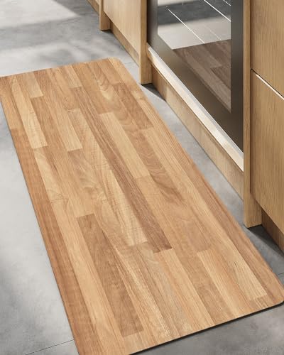 LUMI Wood Grain Kitchen Mat - Teak-Like, Non-Slip, Quick-Dry, Washable, Waterproof, Low-Profile Standing Rug for Kitchen, Home, and Office, 31.5