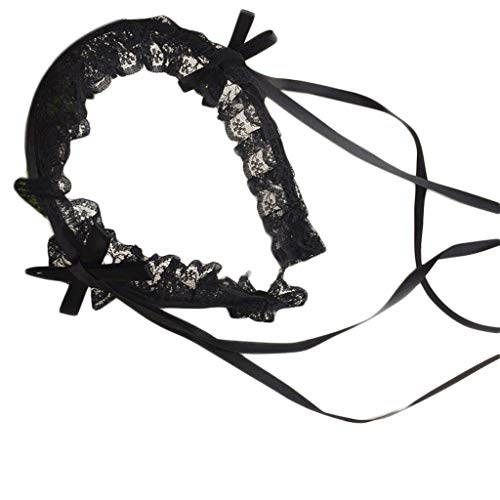 caralin Women Ruffled Lace Sweet Headband Steampunk Japanese Style Ribbon Knot Hair Hoop Maid Costume Hair Accessories Black