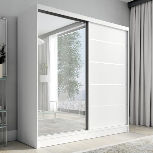 A&J MöbelLand Schwebetürenschrank Nero Kleiderschrank 2-türig mit Schubladen und Spiegel, Garderobe 200 cm (Weiß) A&J MöbelLand Schwebetürenschrank Nero Kleiderschrank 2-türig mit Schubladen und Spiegel, Garderobe 200 cm (Weiß)