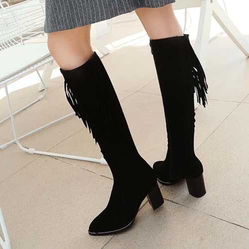 Knee High Boots for Womens Fringe Chunky Block Knee High Heeled Zipper Dressy Boots Tassel Pointed Toe Comfy Riding Boots3