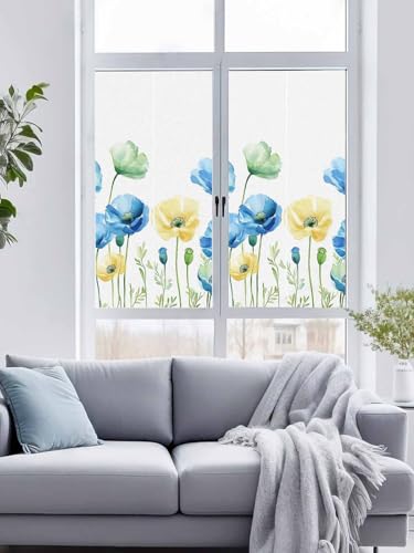 Vinilo para ventana opaco con flores acuarela azul y amarillo 18x40 pulg miniatura 1