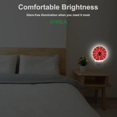 Image of EKOBLA Red Spider Web Night Light, Hero Theme Night Lights Plug Into Wall with Dusk to Dawn Sensor, LED Nightlights for Bedroom, Bathroom, Gifts Ideal for Teen Boys and Men Cave