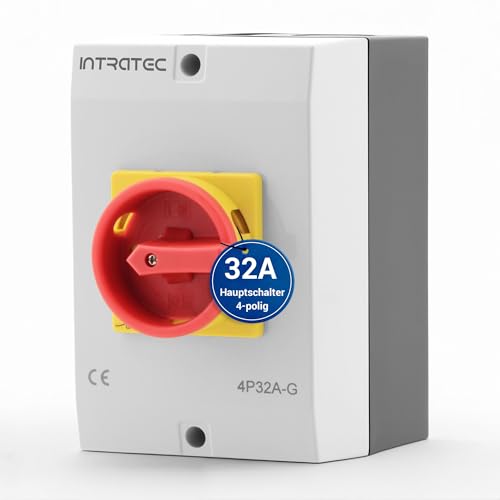 Intratec Hauptschalter 32A, 4-polig – IP65 Lasttrennschalter mit Kunststoffgehäuse – Aufputz-Schalter ideal für Industrie – Drehschalter für sichere Abschaltung – Robuster Maschinenschalter 230V 400V