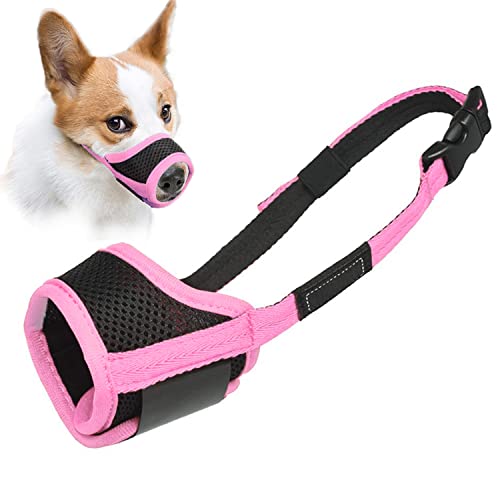 Image of LUCKYPAW Dog Muzzle Anti Biting Barking and Chewing with Comfortable Mesh Soft Fabric and Adjustable Strap, Suitable for Small, Medium and Large Dogs(Pink Trim,S)