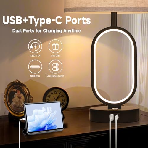 NITOWOLF 23" Bedside Lamps Set of 2, Farmhouse 3-Way Dimmable Touch Lamps for Nightstand, Built-in Night Light Bedside Table Lamp with USB A+C Ports, Black Table Lamp, LED Bulbs Included — view 4
