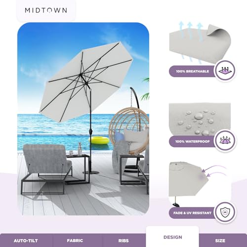 Image of Midtown Umbrellas - 10-Year-No-Fade 9 Ft Patio Umbrella with Terylast Fabric, Auto-Tilt Aluminum Frame and 8 Reinforced Ribs for Deck, Pool, Garden & Beach - Off White Canopy, Black Pole