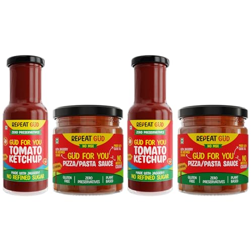 Image of REPEAT GUD Healthy Sauces (Tomato Ketchup, Pizza Pasta Sauce) | No Refined Sugar, Made With Jaggery | No preservatives | GUD For Kids | 100% Natural Ingredients & Chemical free (Pack of 4)