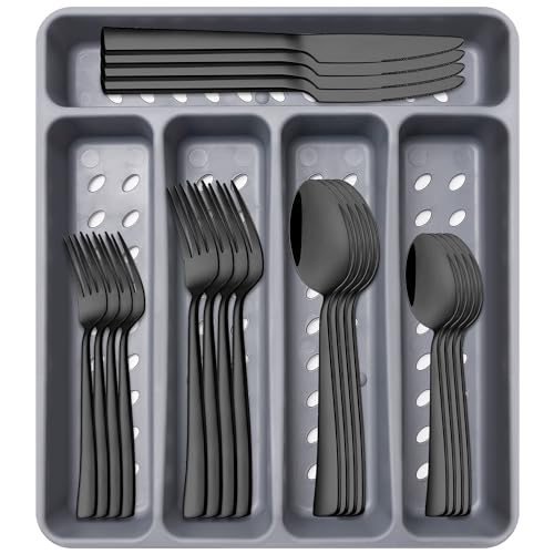 21-Piece Modern Black Silverware Set with Organizer Tray Stainless Steel Eating Utensil Sets Kitchen Knives Forks and Spoons Cutlery Set Heavy Duty Tableware Flatware Sets for 4, Dishwasher Safe