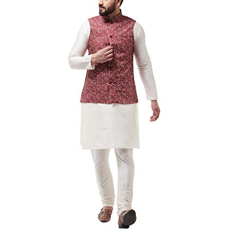 Image of SOJANYA (Since 1958, Men's Silk Blend Pink Kurta Pyjama & Printed Nehrujacket Combo