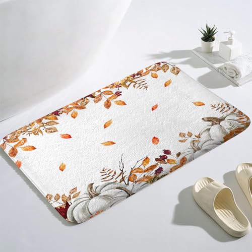 Fall Pumpkins Maple Leaf Bath Mat, Autumn Leaves Harvest Thanksgiving Seasonal Non Slip Absorbent Floor Rug Quick Dry Soft Velvet Rugs Carpets for Bathtub Bathroom Bedroom Kitchen, 17x29 Inch