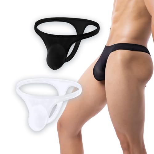 Men's G-String Brief Underwear Ice Silk Breathable Low Waist Semi Transparent 3D Raised Set of 2 Black and White
