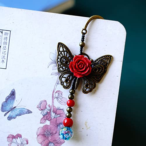 Yiruzwrd Classic Metal Bookmark Rose Flower Butterfly Design Bead Pendant Beading Bookmark #TOP1