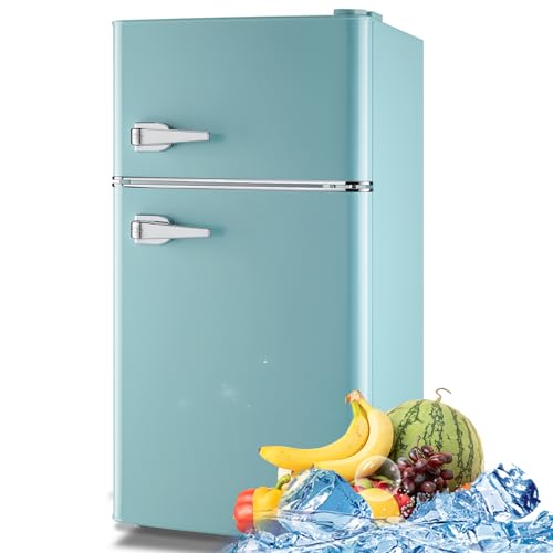 Image of WANAI 3.5 Cu.ft Retro Mini Fridge with Freezer Small Retro Dual Door Refrigerator Freestanding Compact Refrigerator with Freezer 2 Door Mini Fridge for Bedroom, Dorm, Office Blue