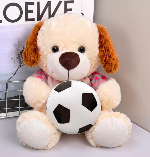 Image of Tickles Cute Sitting Puppy Dog with Football Soft Stuffed Plush Animal Sports Toy for Kids Boys & Girls Birthday Gift (Size: 33 cm Color: Multicolor)