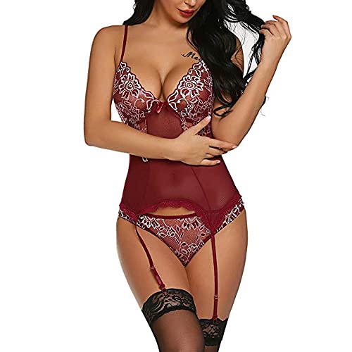 KOEMCY-Lenceria-Mujer-Sexy-Body-de-Encaje-Lenceria-Cuello-V-Conjunto-de-Lenceria-Babydoll-Lenceria-Encaje-Transparente-Body-Lenceria-Ropa-Interior-con-Tanga-y-Liguero