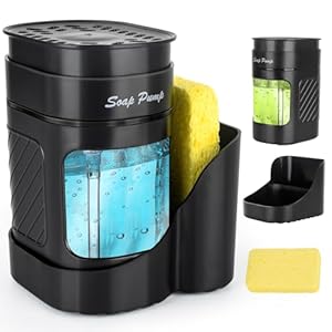 Kitchen Dish Soap Dispenser with Sponge Holder, 3-in-1 Countertop Dishwashing Soap Pump Dispenser Set for Kitchen Sink, Useful Kitchen Gadgets – Black