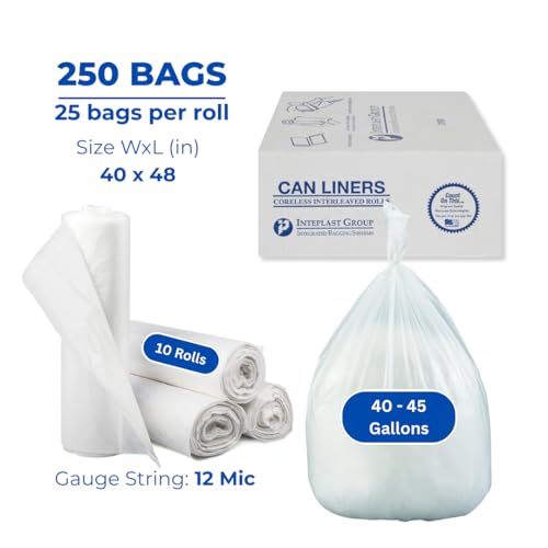 Image of Inteplast Group S404812N 40-45 Gallon Capacity, 48 inch Length x 40 inch Width x 12 Mic Thickness, Natural Color, HDPE Commercial Coreless Institutional Trash Can Liner (Case of 10 Roll, 25 Bags per Roll)