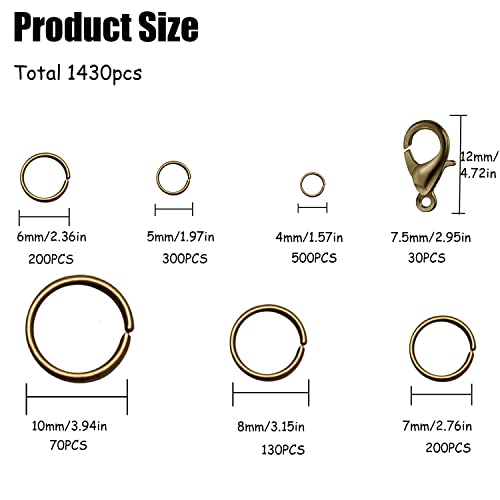 Jump Rings Kit With 1400 Pcs Open Jump Rings And 30 Pcs Lobster Clasps, 6 Sizes O Ring Connectors Metal Open Jump Rings For Jewelry Making Connectors And Necklace Repair (Bronze) #TOP1
