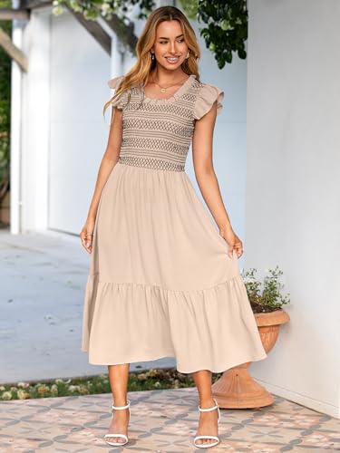 Image of Simplee Womens Summer Midi Dress Casual Boho Smocked Waist Flutter Sleeve A Line Flowy Tiered Dress with Pockets