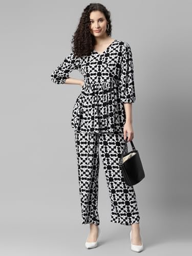 Image of DEEBACO Women's Geometric Print Rayon Top & Pants Co Ord Set for Women V Neck 3 /4 Puff Sleeve Ladies Party Casual Wear Fashionable for Girls Loose Fit Cord Set (DBCOMR00000982 L White)