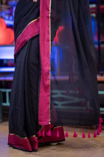 Image of Sudip callection Handloom Mul Cotton Saree for Women - Bottle Green with Pink Border Golden Zari Line & Tassel Pallu