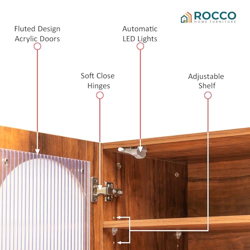 Image of Rocco Stellar Bookshelf with Upper Shelf, Auto LED Lights & Acrylic Doors | Engineered Wood Bookcase | Adjustable Shelves, Scratch-Resistant | Living Room, Library & Office (Teak Brown, Medium Size)