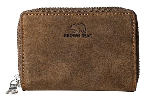 BROWN BEAR Reißverschluss Slim Wallet Geldbörse klein Leder mit Münzfach & RFID-Schutz | Echtleder Braun Vintage | Portemonnaie für Herren & Damen | Mini Geldbeutel BB Kai
